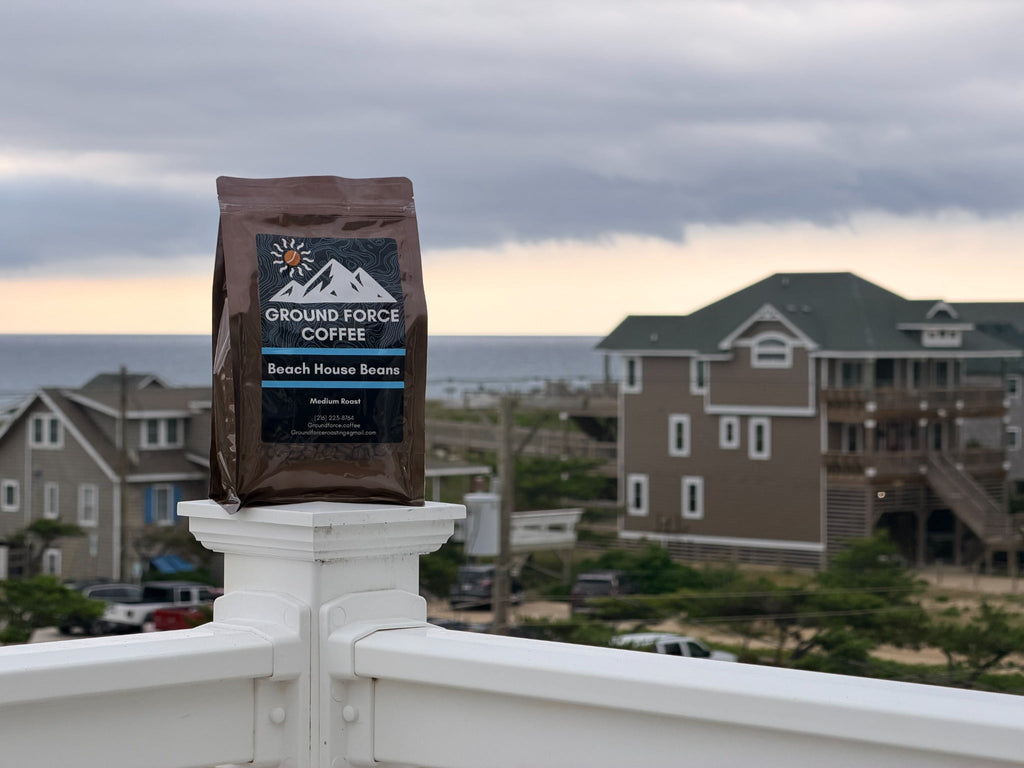 Beach House Beans coffee bag with ocean beach house background